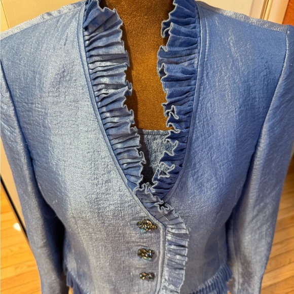 Blue Ruffled Women's Jacket Beaded Buttons & matching tank set wedding guest - Picture 3 of 8